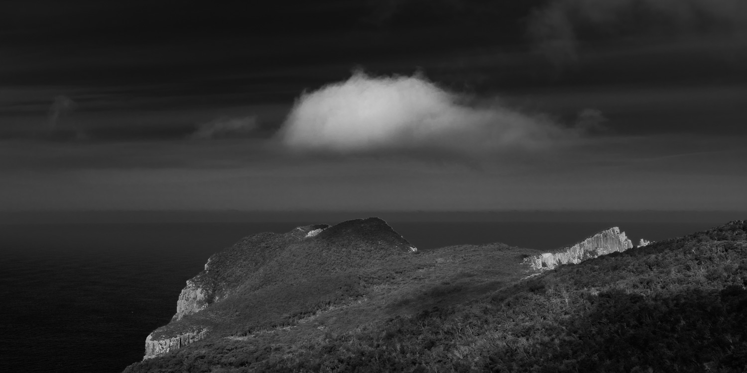 photograph of Cape Pillar in black and white