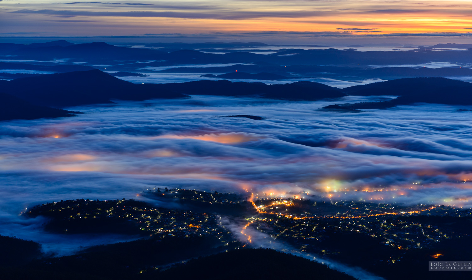 photograph of Fog over Hobart at dawn