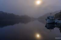 Early morning at the Pieman River with the moon piercing through the fog.