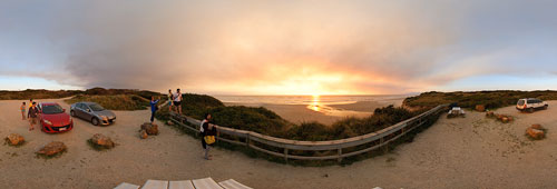 360 panorama of Ocean Beach sunset near Strahan