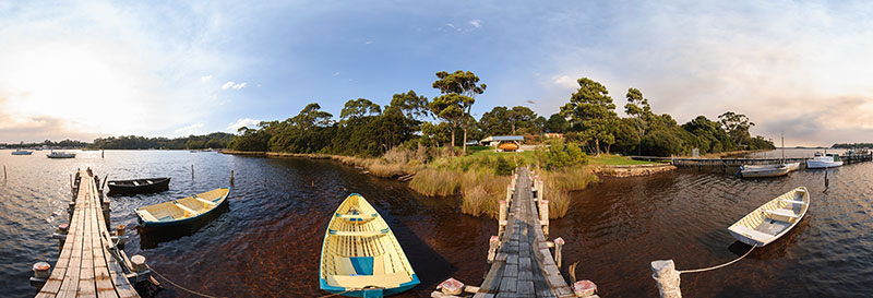 360 panorama of Strahan dinghies