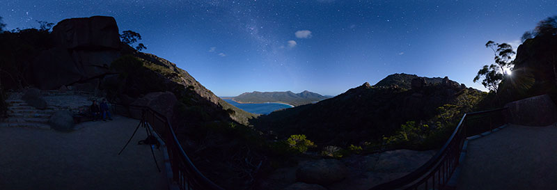 360 panorama of Wineglass Bay moonlit under the stars